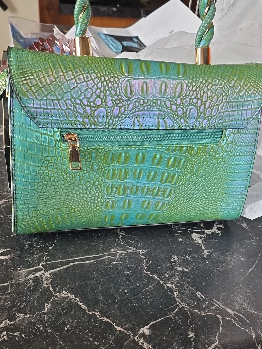 Iridescent Green Croc-Embossed Top-Handle Bag